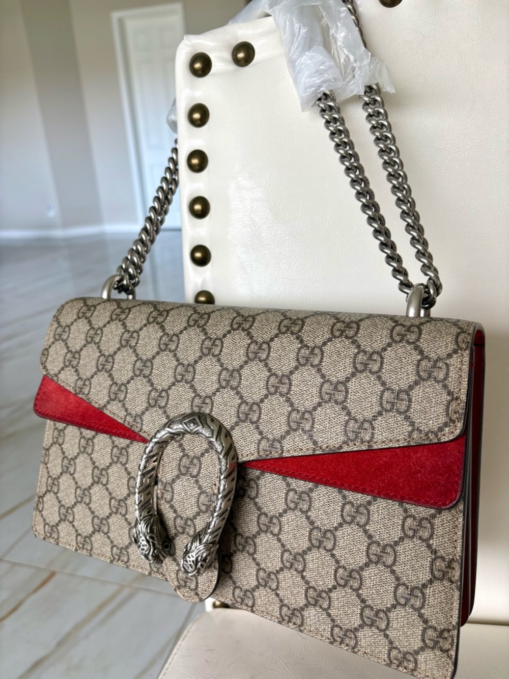 CERTIFIED GUCCI Dionysus Beige GG Supreme Canvas Shoulder Bag Red Suede Stripe ! - Picture 3 of 15